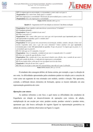 Sociedade
Brasileira de
Educação
Matemática
Educação Matemática na Contemporaneidade: desafios e possibilidades
São Paulo – SP, 13 a 16 de julho de 2016
COMUNICAÇÃO CIENTÍFICA
9
XII Encontro Nacional de Educação Matemática
ISSN 2178-034X
E37: A origem aqui na universidade e a extremidade o centro onde você quer ir.
Pesquisadora: Isso, muito bom. Então qual é o sentido?
E37: Da origem para a extremidade? Daí ficaria da universidade para o centro, é isso?
Pesquisadora: Isso, da origem para a extremidade.
Fonte: RONCAGLIO, 2015, p.111.
Quadro 2 - Argumentos do E3 em relação ao exercício 2 da última avaliação.
Pesquisadora: O que significa cada uma dessas características? O módulo?
E3: Estudante pensando...
Pesquisadora: O que é o módulo de um vetor?
E3: Não é um ponto né?
Pesquisadora: Não, vamos olhar para esse vetor que está representado aqui (apontando para o vetor
AB representado na questão), qual é o módulo dele?
E3: Estudante pensando...
Pesquisadora: O vetor possui três características de formação, módulo, sentido e direção. Como você
mesmo respondeu antes, mas o que são esses elementos? Vamos analisar este aqui (apontando
novamente para o vetor AB representado na questão). O que ele possui? A origem aqui no ponto A. A
extremidade aqui no ponto B...
E3: Tá! Acho que sei. É o tamanho, é isso né?
Pesquisadora: Isso, é o tamanho, o módulo de um vetor é o tamanho dele. E o sentido?
E3: Deve ser o ponto B, aqui da flecha, é isso?
Pesquisadora: Não, sentido não é isso, mas possui relação com a flecha, sim, o sentido de um vetor é
dado pelo sentido da flecha, e é indicado da origem para a extremidade.
E3: Eu me lembro disso, acho que fiz isso em algum exercício das listas.
Pesquisado: E direção de um vetor, o que é?
E3: Não sei, eu sei que o vetor tem três características, mas não sei o que é a direção.
Fonte: RONCAGLIO, 2015, p. 113-114.
O estudante não conseguiu definir, de forma correta, por exemplo, o que é a direção de
um vetor. As dificuldades apresentadas pelos estudantes podem ter relação com o conceito de
vetor como um segmento de reta orientado com módulo, sentido e direção. Não apresenta,
contudo, a definição desses elementos de formação, apenas os trazem indicados em uma
representação geométrica do vetor.
Operações com vetores
As análises referentes a este foco, o qual marca as dificuldades dos estudantes de
Engenharia em relação ao desenvolvimento de operações com vetores, de adição,
multiplicação de um escalar por vetor, produto escalar, produto vetorial e produto misto,
apontaram que: não houve utilização do registro figural na representação geométrica na
adição de vetores, conforme observamos na Figura 2 a seguir.
 