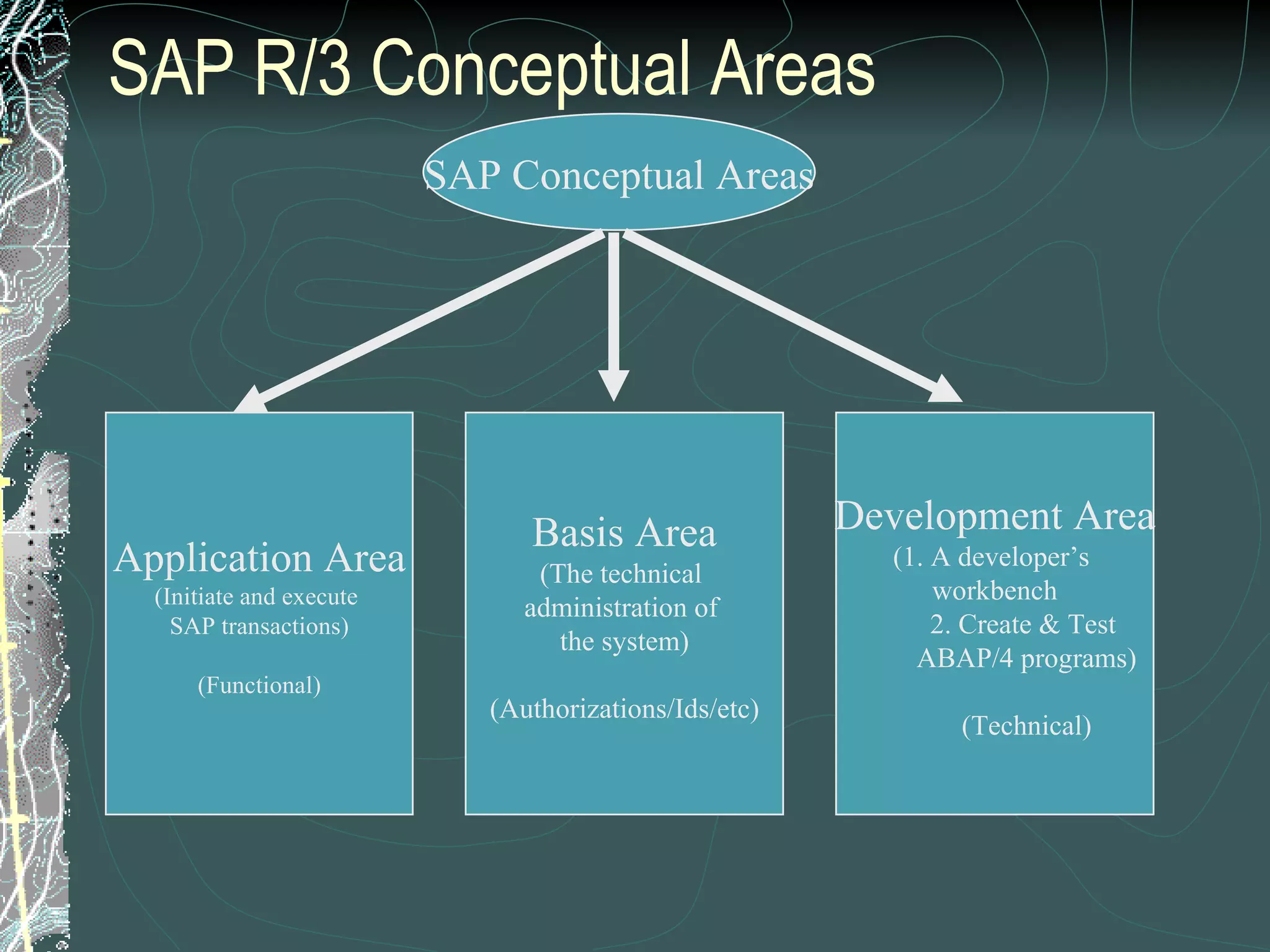SAP R/3 Conceptual Areas SAP Conceptual Areas Application Area (Initiate and execute  SAP transactions) (Functional) Basis Area (The technical  administration of  the system) (Authorizations/Ids/etc) Development Area (1. A developer’s  workbench 2. Create & Test  ABAP/4 programs) (Technical) 