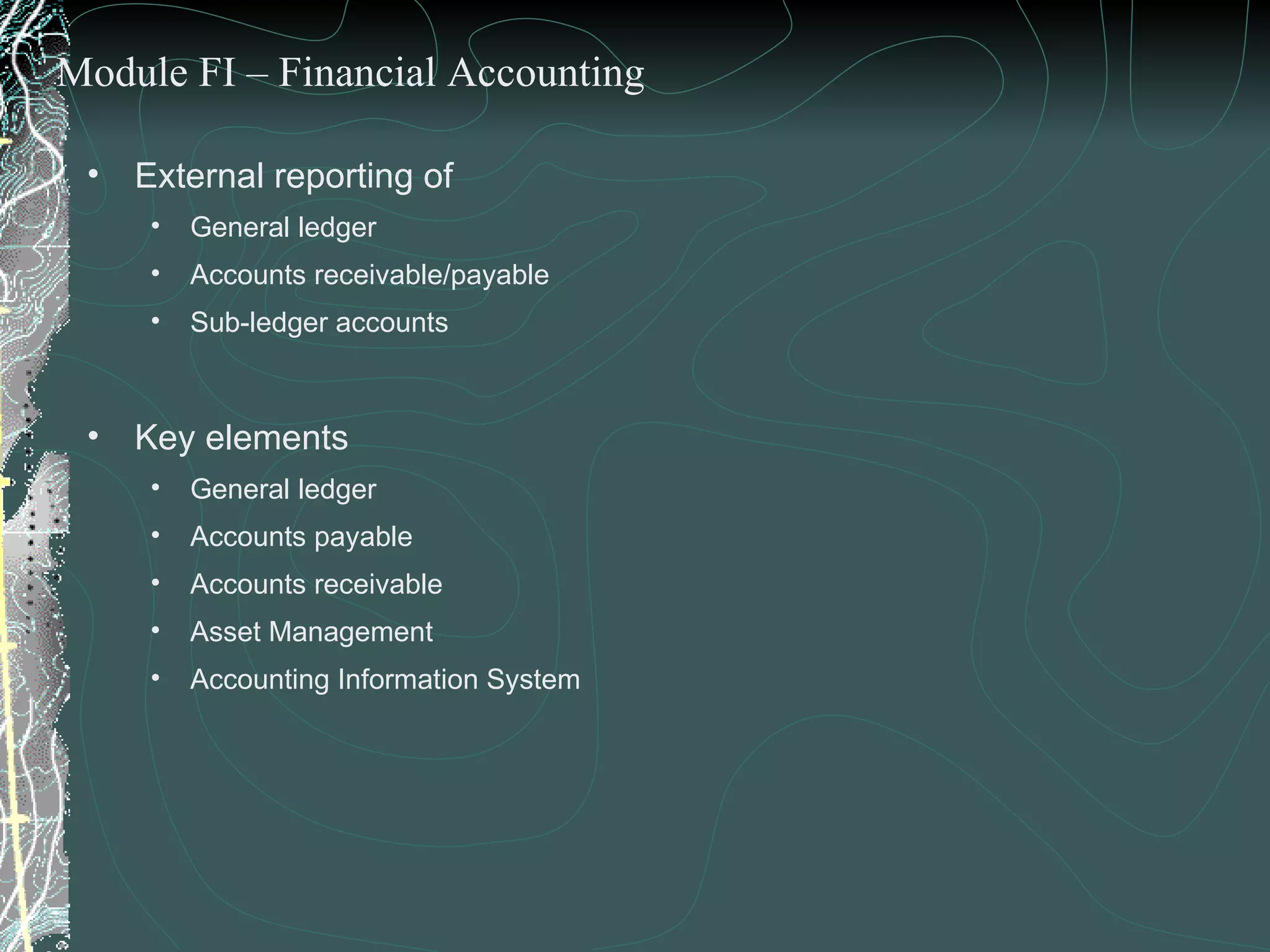 External reporting of  General ledger Accounts receivable/payable Sub-ledger accounts  Key elements General ledger Accounts payable Accounts receivable Asset Management  Accounting Information System Module FI – Financial Accounting 