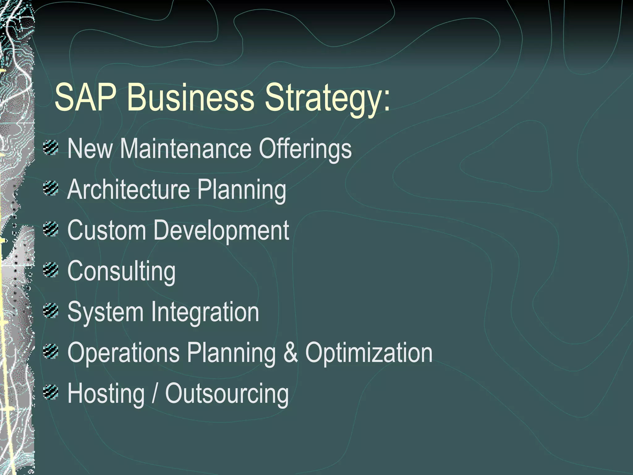 SAP Business Strategy: New Maintenance Offerings Architecture Planning  Custom Development Consulting System Integration Operations Planning & Optimization Hosting / Outsourcing 