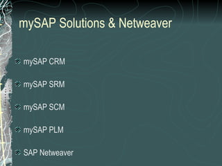 mySAP Solutions & Netweaver mySAP CRM mySAP SRM mySAP SCM mySAP PLM SAP Netweaver 