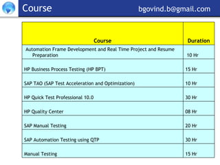 Course  [email_address] 15 Hr Manual Testing 30 Hr SAP Automation Testing using QTP 20 Hr SAP Manual Testing 08 Hr HP Quality Center  30 Hr HP Quick Test Professional 10.0 10 Hr SAP TAO (SAP Test Acceleration and Optimization) 15 Hr HP Business Process Testing (HP BPT)   10 Hr   Automation Frame Development and Real Time Project and Resume Preparation Duration Course 