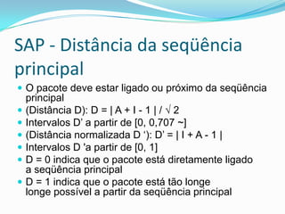 SAP - Distância da seqüência principalO pacote deve estar ligado ou próximo da seqüência principal(Distância D): D = | A + I - 1 | / √ 2Intervalos D’ a partir de [0, 0,707 ~](Distância normalizada D ‘): D’ = | I + A - 1 |Intervalos D 'a partir de [0, 1]D = 0 indica que o pacote está diretamente ligadoa seqüência principalD = 1 indica que o pacote está tão longelonge possível a partir da seqüência principal