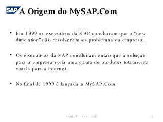 Em 1999 os executivos da SAP concluíram que o “new dimention” não resolveriam os problemas da empresa. Os executivos da SAP concluíram então que a solução para a empresa seria uma gama de produtos totalmente virada para a internet. No final de 1999 é lançada a MySAP.Com A Origem do MySAP.Com F.E.U.C.P  -  S.I.E. -  SAP 