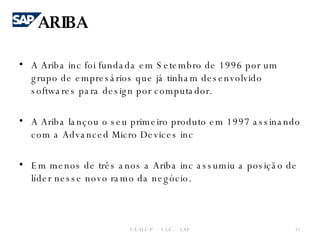 A Ariba inc foi fundada em Setembro de 1996 por um grupo de empresários que já tinham desenvolvido softwares para design por computador. A Ariba lançou o seu primeiro produto em 1997 assinando com a Advanced Micro Devices inc Em menos de três anos a Ariba inc assumiu a posição de líder nesse novo ramo da negócio. ARIBA F.E.U.C.P  -  S.I.E. -  SAP 
