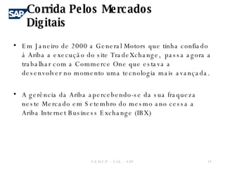 Em Janeiro de 2000 a General Motors que tinha confiado á Ariba a execução do site TradeXchange,  passa agora a trabalhar com a Commerce One que estava a desenvolver no momento uma tecnologia mais avançada. A gerência da Ariba apercebendo-se da sua fraqueza neste Mercado em Setembro do mesmo ano cessa a Ariba Internet Business Exchange (IBX) F.E.U.C.P  -  S.I.E. -  SAP Corrida Pelos Mercados Digitais 
