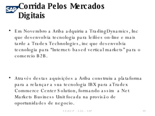 Em Novembro a Ariba adquiriu a TradingDynamics, Inc que desenvolvia tecnologia para leilões on-line e mais tarde a Tradex Technologies, inc que desenvolvia tecnologia para “Internet- based vertical markets” para o comercio B2B. Através destas aquisições a Ariba construiu a plataforma para a relançar a sua tecnologia IBX para aTradex Commerce Center Solution, formando assim  a Net Markets Business Unit focada na provisão de oportunidades de negocio. F.E.U.C.P  -  S.I.E. -  SAP Corrida Pelos Mercados Digitais 