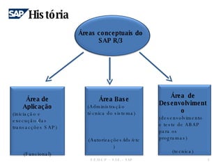História F.E.U.C.P  -  S.I.E. -  SAP Áreas conceptuais do SAP R/3 Área de Aplicação (iniciação e execução das transacções SAP) (Funcional) Área Base (Administração técnica do sistema) (Autorizações/ids/etc) Área  de Desenvolvimento (desenvolvimento e teste de ABAP para os programas) (tecnica) \ 