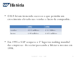 O R/3 foi um tremendo sucesso o que permitiu um crescimento elevado nas vendas e lucro da companhia. Em 1995 a SAP ocupava o 5º lugar no ranking mundial das empresas  do sector passando a liderar o mesmo em 1998. História F.E.U.C.P  -  S.I.E. -  SAP 1992 1998 vendas $513 milhões  $ 5.1 biliões lucros $ 40 milhões $ 631 milhões 