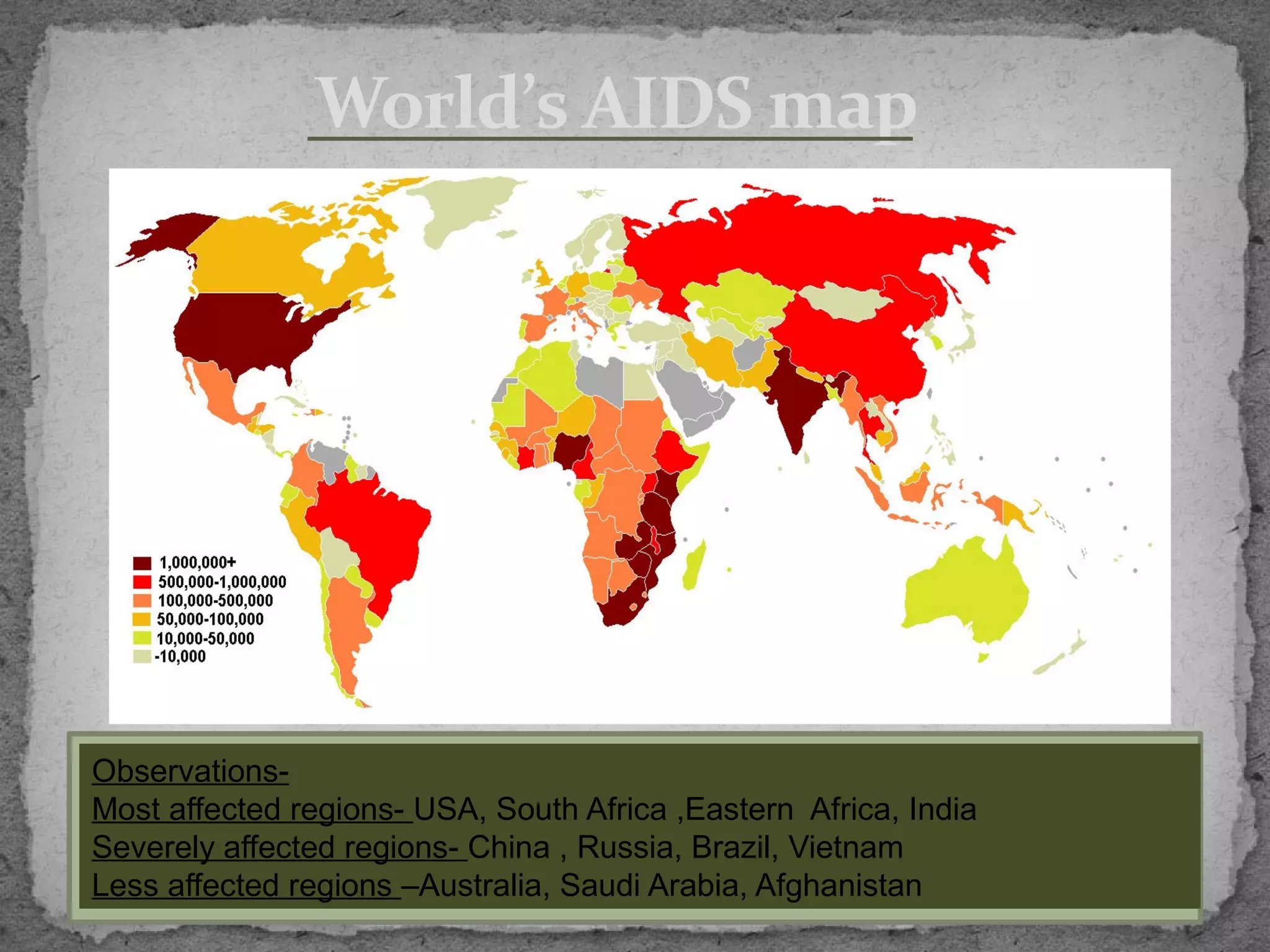 World’s AIDS map




Observations-
Most affected regions- USA, South Africa ,Eastern Africa, India
Severely affected regions- China , Russia, Brazil, Vietnam
Less affected regions –Australia, Saudi Arabia, Afghanistan
 