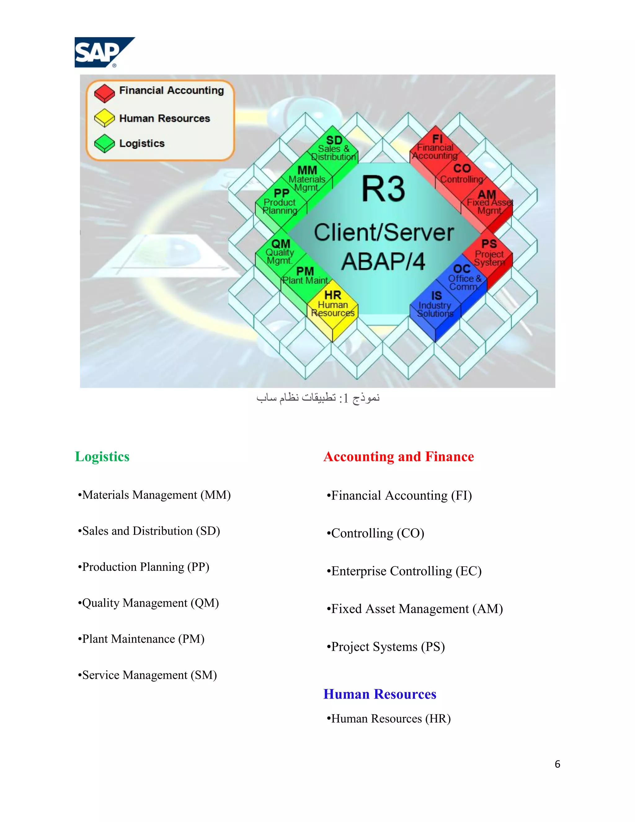 ‫ّٔٛرط 1: رـج١مبد ٔلبَ عبة‬



Logistics                                   Accounting and Finance

•Materials Management (MM)                   •Financial Accounting (FI)

•Sales and Distribution (SD)                 •Controlling (CO)

•Production Planning (PP)                    •Enterprise Controlling (EC)

•Quality Management (QM)                     •Fixed Asset Management (AM)

•Plant Maintenance (PM)
                                             •Project Systems (PS)

•Service Management (SM)
                                            Human Resources
                                             •Human Resources (HR)


                                                                            6
 