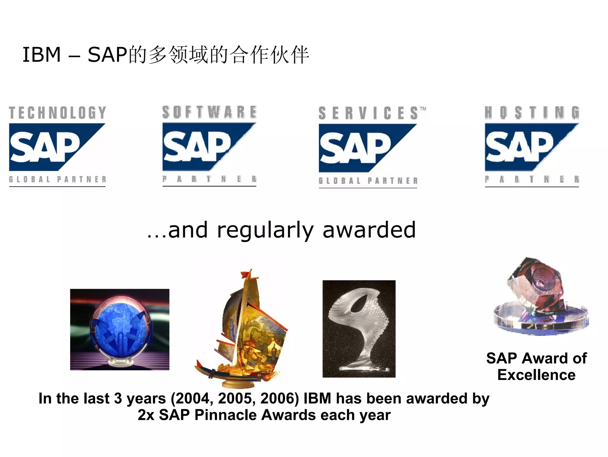 IBM – SAP的多领域的合作伙伴




               …and regularly awarded




                                                              SAP Award of
                                                               Excellence
 In the last 3 years (2004, 2005, 2006) IBM has been awarded by
                2x SAP Pinnacle Awards each year
 