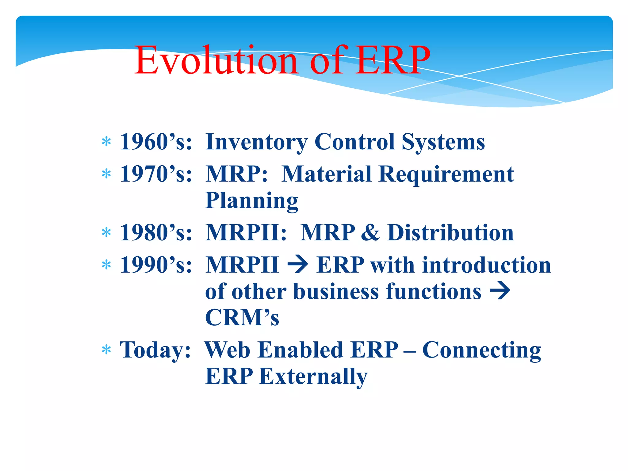 Evolution of ERP
1960&rsquo;s: Inventory Control Systems
1970&rsquo;s: MRP: Material Requirement
Planning
1980&rsquo;s: MRPII: MRP & Distribution
1990&rsquo;s: MRPII  ERP with introduction
of other business functions 
CRM&rsquo;s
Today: Web Enabled ERP &ndash; Connecting
ERP Externally

 