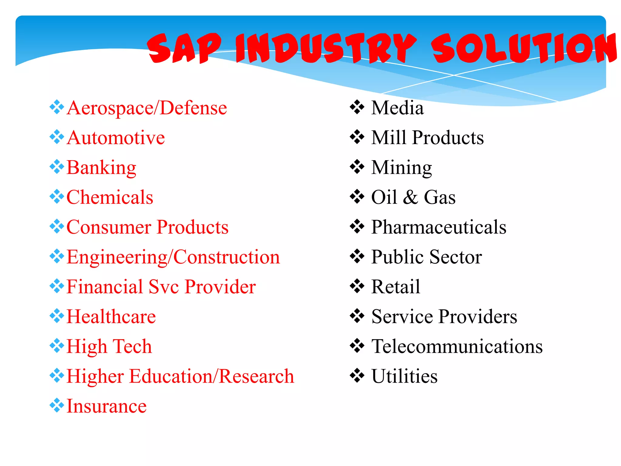 SAP Industry Solution
Aerospace/Defense
Automotive
Banking
Chemicals
Consumer Products
Engineering/Construction
Financial Svc Provider
Healthcare
High Tech
Higher Education/Research
Insurance

 Media
 Mill Products
 Mining
 Oil & Gas
 Pharmaceuticals
 Public Sector
 Retail
 Service Providers
 Telecommunications
 Utilities

 