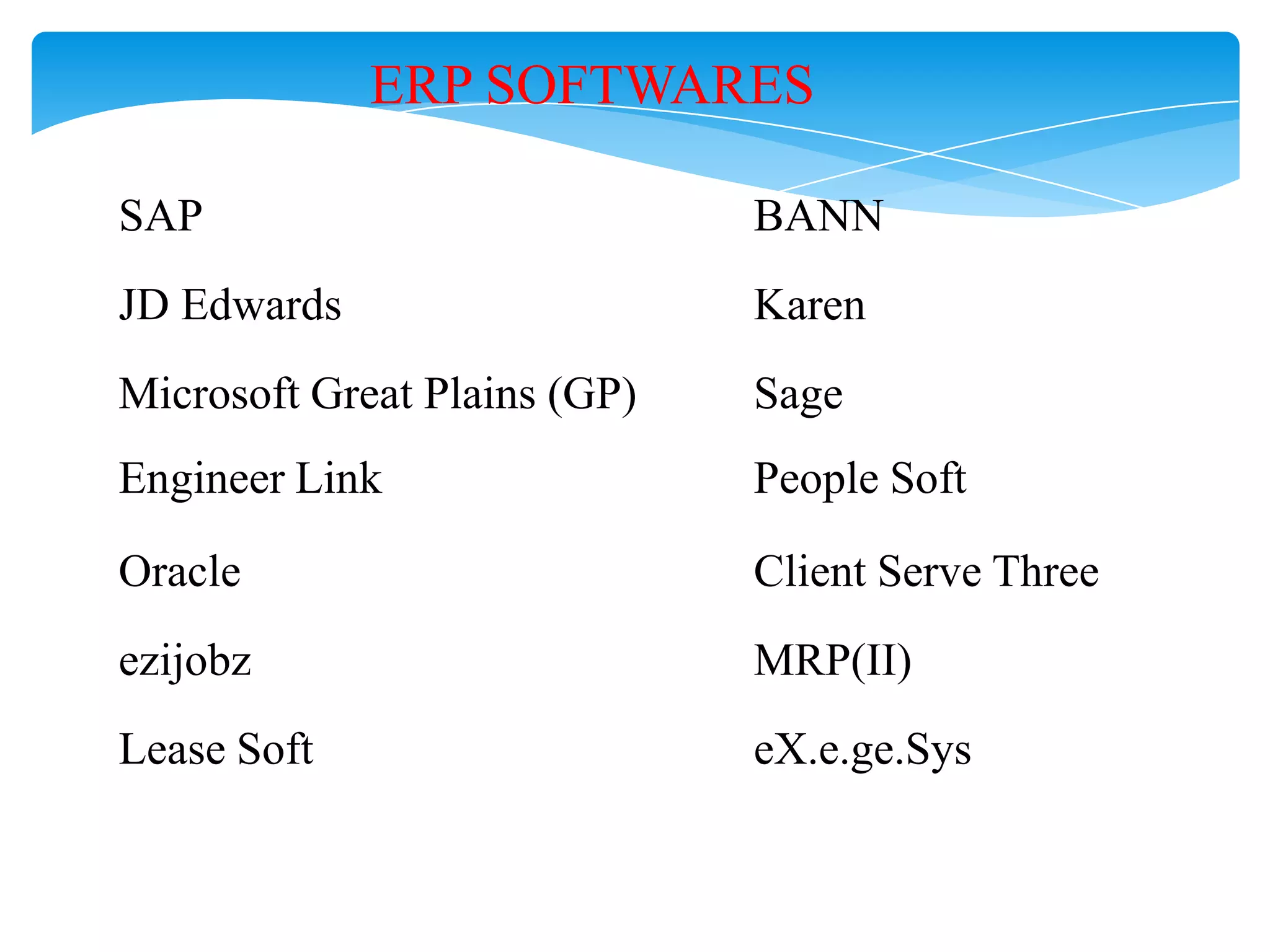 ERP SOFTWARES
SAP

BANN

JD Edwards

Karen

Microsoft Great Plains (GP)

Sage

Engineer Link

People Soft

Oracle

Client Serve Three

ezijobz

MRP(II)

Lease Soft

eX.e.ge.Sys

 