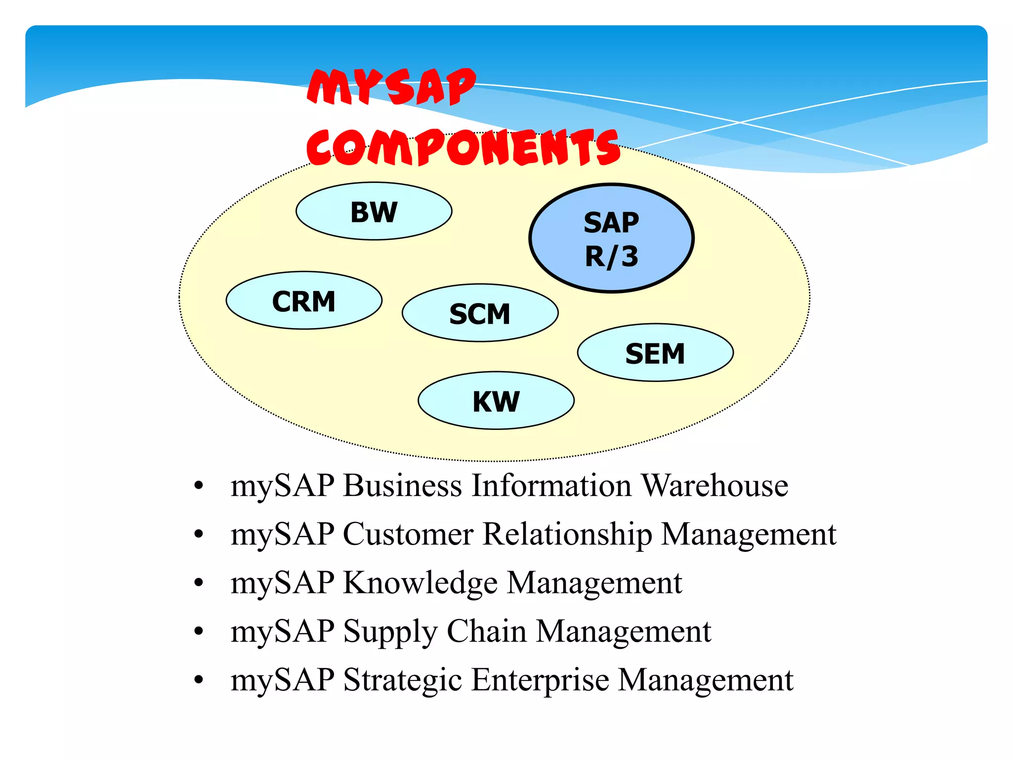 mySAP
Components
BW
CRM

SAP
R/3
SCM
SEM
KW

&bull;
&bull;
&bull;
&bull;
&bull;

mySAP Business Information Warehouse
mySAP Customer Relationship Management
mySAP Knowledge Management
mySAP Supply Chain Management
mySAP Strategic Enterprise Management

 