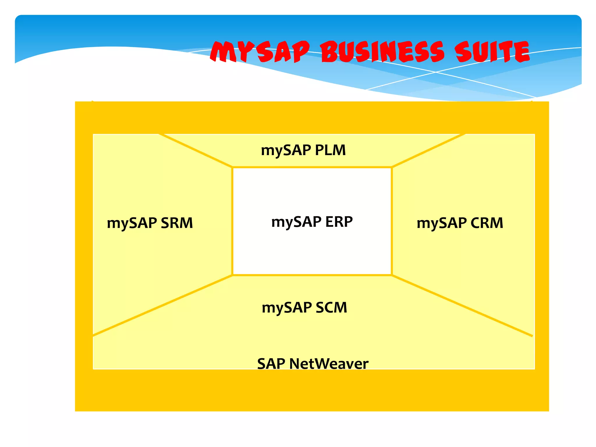 mySAP Business Suite

mySAP PLM

mySAP SRM

mySAP ERP
(

mySAP SCM
SAP NetWeaver

mySAP CRM

 
