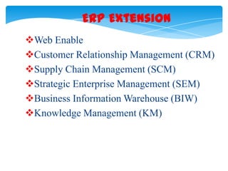 ERP Extension
Web Enable
Customer Relationship Management (CRM)
Supply Chain Management (SCM)
Strategic Enterprise Management (SEM)
Business Information Warehouse (BIW)
Knowledge Management (KM)

 