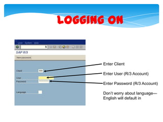 Logging On

Enter Client
Enter User (R/3 Account)

Enter Password (R/3 Account)
Don’t worry about language—
English will default in

 