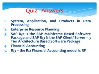 Quiz - Answers
1.
2.
3.
4.
5.

System, Application, and Products in Data
Processing
Enterprise Resource Planning
SAP R/2 is the SAP Mainframe Based Software
Package and SAP R/3 is the SAP Client/ Server – 3
Tier Architecture Based Software Package
Financial Accounting
R/3 – the R/2 Financial Accounting model is RF

 