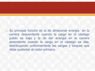  Su principal función es la de almacenar energía en la
carrera descendente cuando la carga en el vástago
pulido es baja y la de dar energía en la carrera
ascendente cuando la carga en el vástago es alta,
distribuyendo uniformemente las cargas y torques que
debe sustentar al motor primario.
 