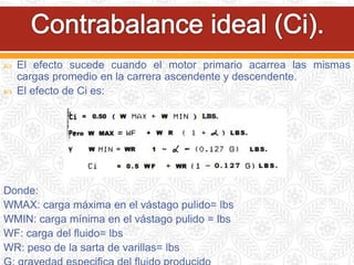  El efecto sucede cuando el motor primario acarrea las mismas
cargas promedio en la carrera ascendente y descendente.
 El efecto de Ci es:
Donde:
WMAX: carga máxima en el vástago pulido= lbs
WMIN: carga mínima en el vástago pulido = lbs
WF: carga del fluido= lbs
WR: peso de la sarta de varillas= lbs
 