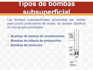 Las bombas subsuperficiales accionadas por varillas
para pozos productores de aceite, se pueden clasificar
en tres grupos principales:
 Bombas de tubería de revestimiento.
 Bombas de tubería de producción.
 Bombas de inserción.
 
