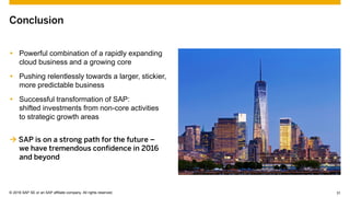 © 2015 SAP SE or an SAP affiliate company. All rights reserved. 31Customer 31© 2016 SAP SE or an SAP affiliate company. All rights reserved.
Conclusion
 Powerful combination of a rapidly expanding
cloud business and a growing core
 Pushing relentlessly towards a larger, stickier,
more predictable business
 Successful transformation of SAP:
shifted investments from non-core activities
to strategic growth areas
 SAP is on a strong path for the future –
we have tremendous confidence in 2016
and beyond
 
