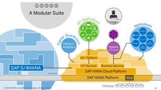 42© 2015 SAP SE or an SAP affiliate company. All rights reserved.
SAP S/4HANA
54321
A Modular Suite
SAP HANA Cloud Platform
Hadoop
SAP HANA Platform Vora
Hybris
as a service
Business Services
…
IoT- Platform
IoT-Services
Cloud for
Analytics
 