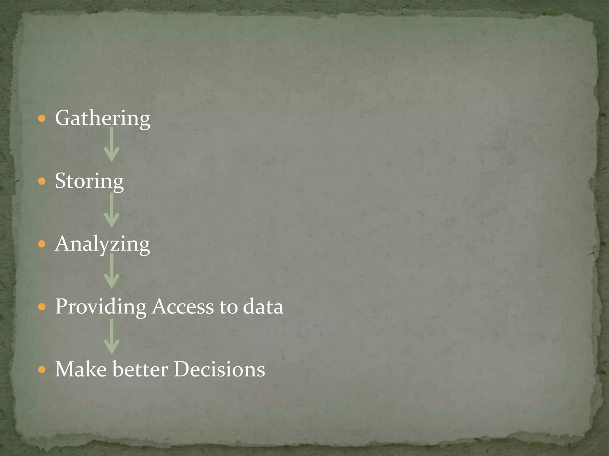  Gathering
 Storing
 Analyzing
 Providing Access to data

 Make better Decisions

 