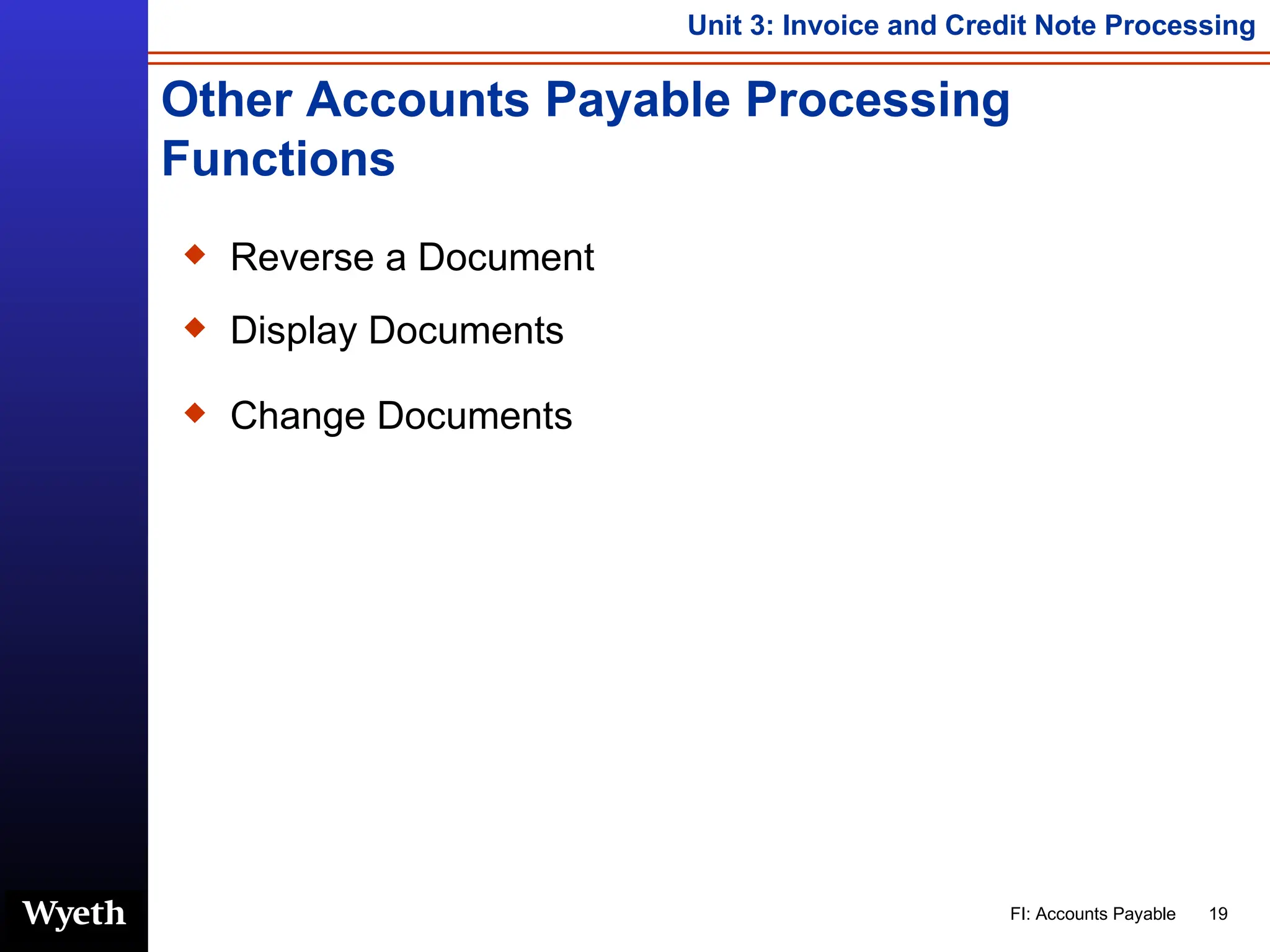 Other Accounts Payable Processing Functions Reverse a Document Display Documents Change Documents 