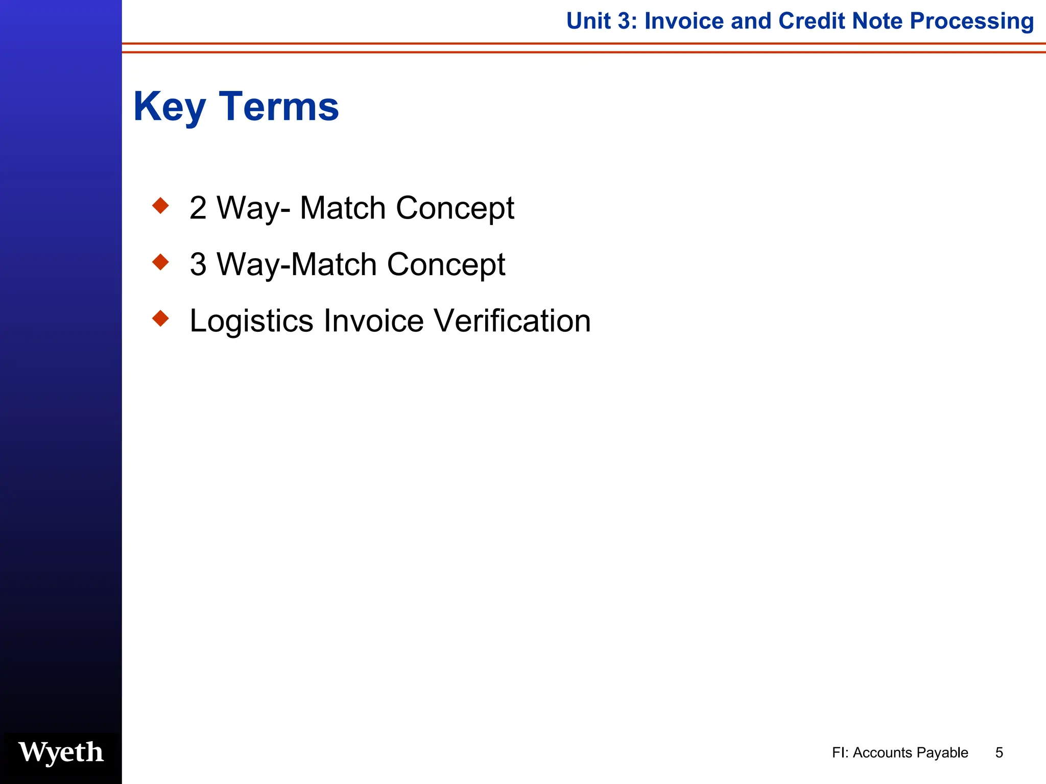 Key Terms 2 Way- Match Concept 3 Way-Match Concept Logistics Invoice Verification 