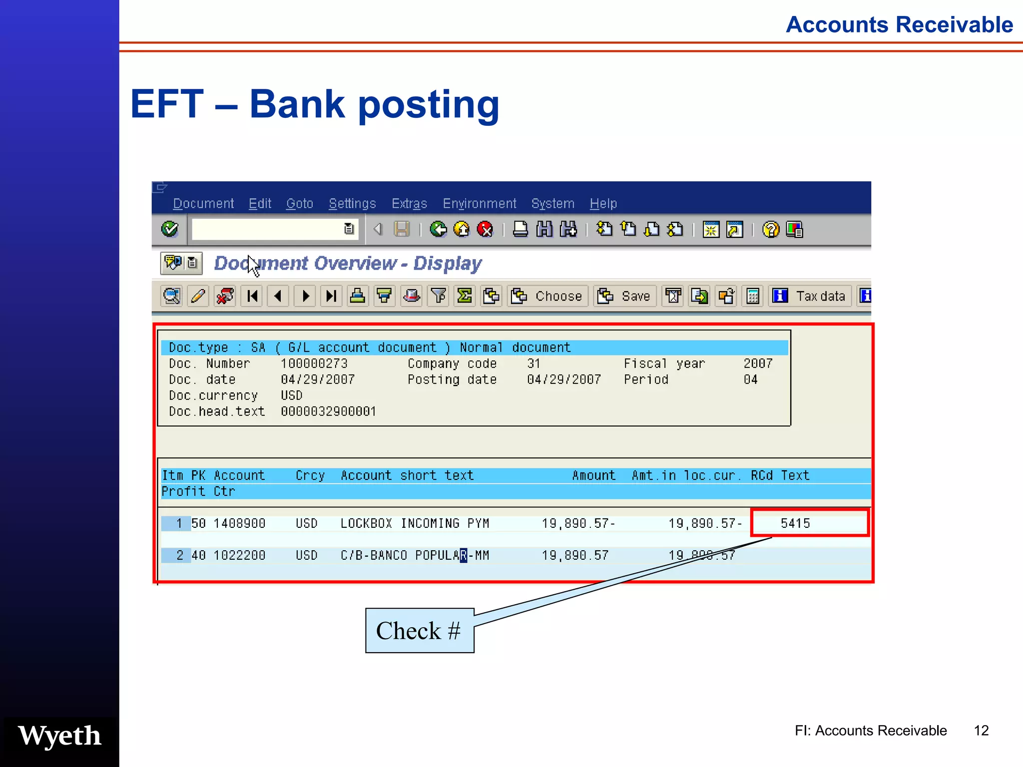 EFT – Bank posting Check # 