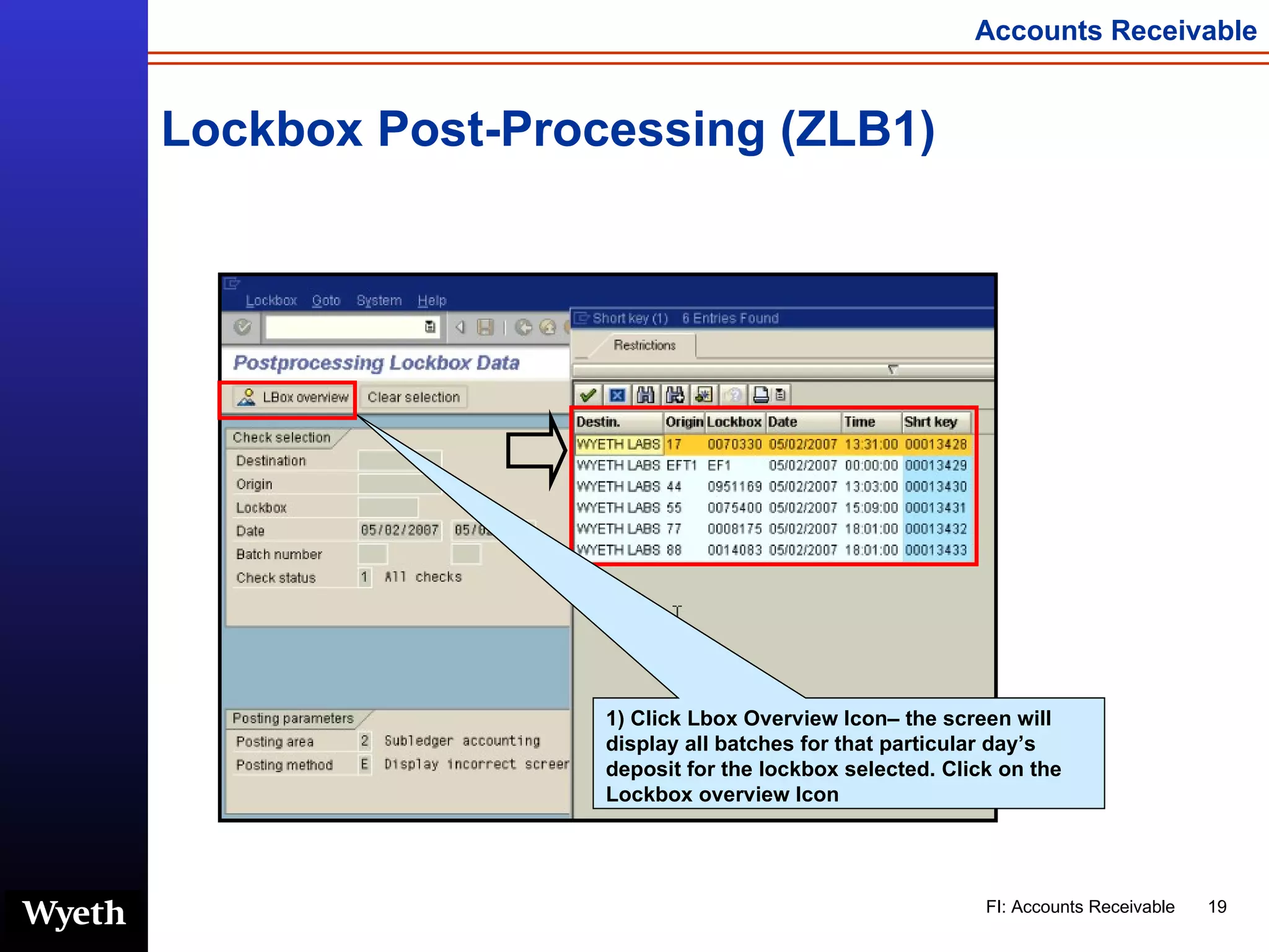 Lockbox Post-Processing (ZLB1) 1) Click Lbox Overview Icon– the screen will display all batches for that particular day’s deposit for the lockbox selected.  Click on the Lockbox overview Icon 