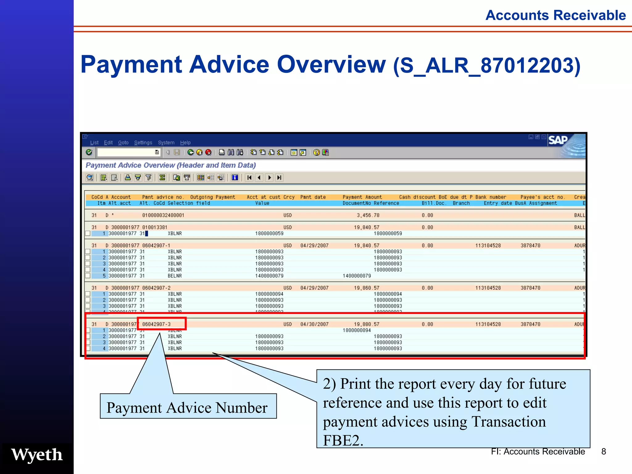 Payment Advice Overview  (S_ALR_87012203) 2) Print the report every day for future reference and use this report to edit payment advices using Transaction FBE2.  Payment Advice Number 