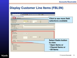 Display Customer Line Items (FBL5N) Select Radio button to   view: Open Items or Cleared Items or All Items Click to see more field selections available 