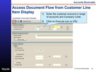 Access Document Flow from Customer Line Item Display Enter the customer account or range of accounts and Company Code. Click on Execute icon or (F8)  
