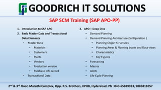 2nd & 3rd Floor, Maruthi Complex, Opp. R.S. Brothers, KPHB, Hyderabad, Ph : 040-65889933, 9885811057
SAP SCM Training (SAP APO-PP)
1. Introduction to SAP APO
2. Basic Master Data and Transactional
Data Elements
• Master Data
• Materials
• Customers
• Plants
• Vendors
• Production version
• Purchase info record
• Transactional Data
3. APO – Deep Dive
• Demand Planning
• Demand Planning Architecture(Configuration )
• Planning Object Structures
• Planning Areas & Planning books and Data views
• Characteristics
• Key Figures
• Forecasting
• Macros
• Alerts
• Life Cycle Planning
 