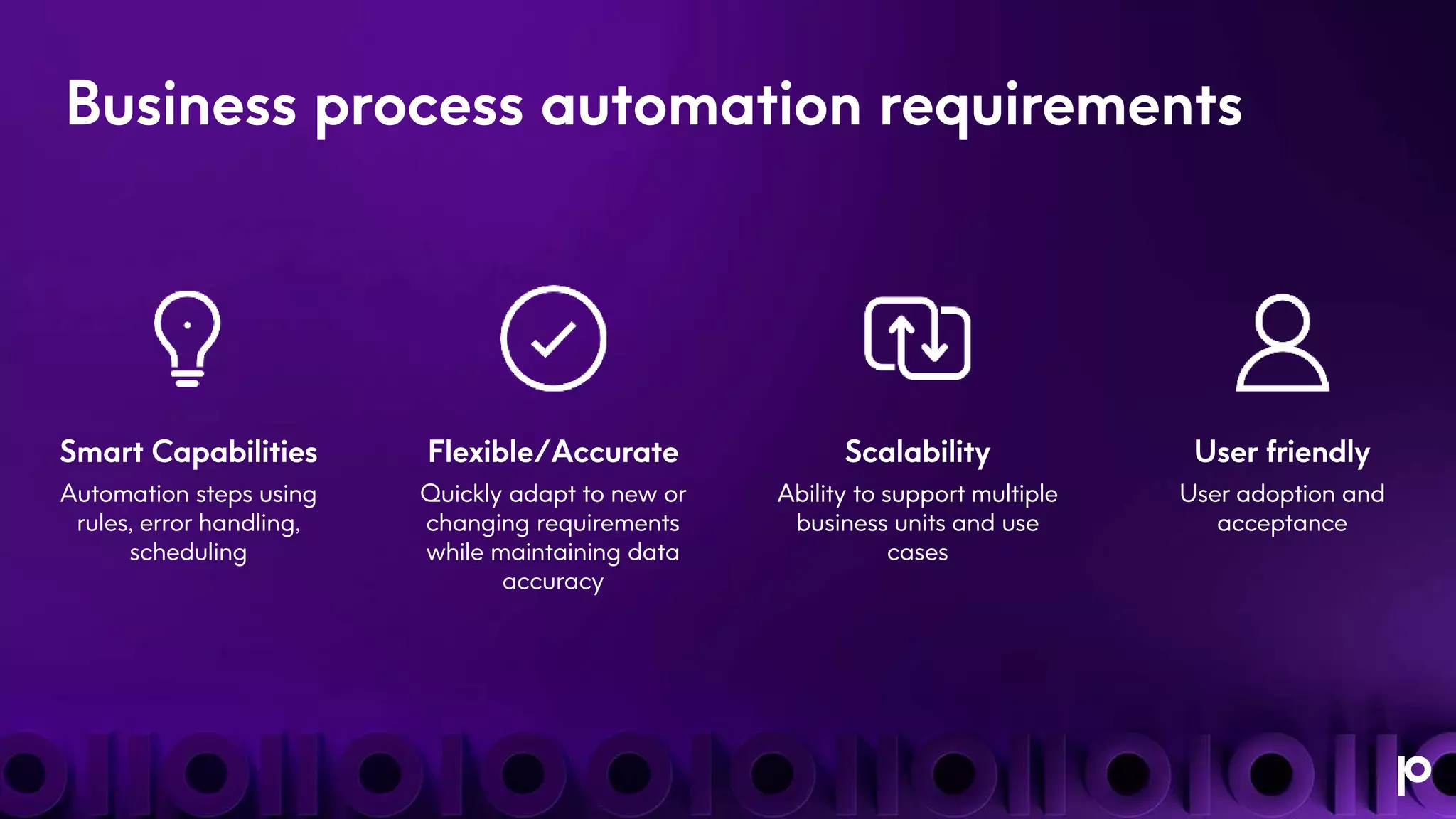 Business process automation requirements
User friendly
User adoption and
acceptance
Smart Capabilities
Automation steps using
rules, error handling,
scheduling
Flexible/Accurate
Quickly adapt to new or
changing requirements
while maintaining data
accuracy
Scalability
Ability to support multiple
business units and use
cases
 