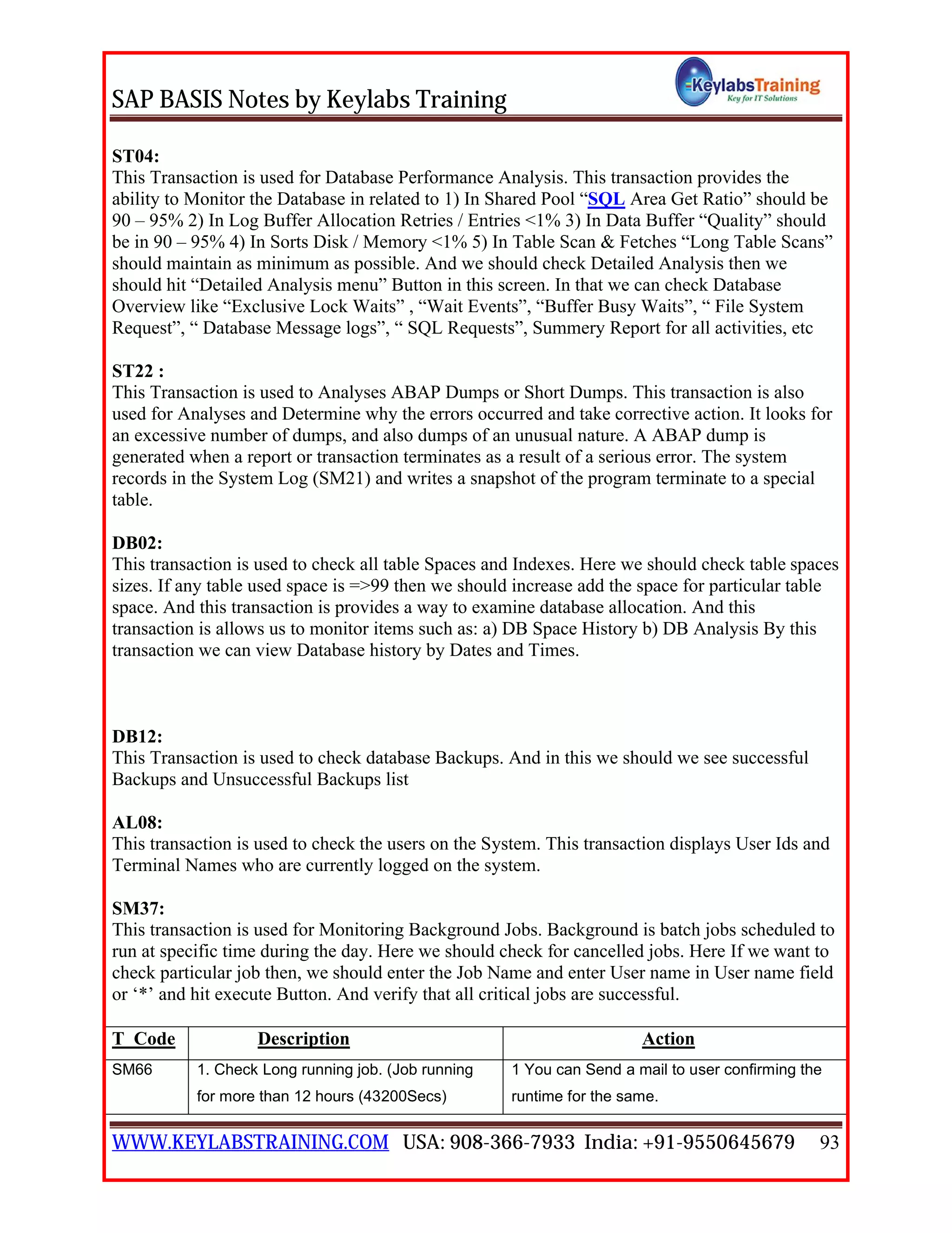 SAP BASIS Notes by Keylabs Training
WWW.KEYLABSTRAINING.COM USA: 908-366-7933 India: +91-9550645679 93
ST04:
This Transaction is used for Database Performance Analysis. This transaction provides the
ability to Monitor the Database in related to 1) In Shared Pool “SQL Area Get Ratio” should be
90 – 95% 2) In Log Buffer Allocation Retries / Entries <1% 3) In Data Buffer “Quality” should
be in 90 – 95% 4) In Sorts Disk / Memory <1% 5) In Table Scan & Fetches “Long Table Scans”
should maintain as minimum as possible. And we should check Detailed Analysis then we
should hit “Detailed Analysis menu” Button in this screen. In that we can check Database
Overview like “Exclusive Lock Waits” , “Wait Events”, “Buffer Busy Waits”, “ File System
Request”, “ Database Message logs”, “ SQL Requests”, Summery Report for all activities, etc
ST22 :
This Transaction is used to Analyses ABAP Dumps or Short Dumps. This transaction is also
used for Analyses and Determine why the errors occurred and take corrective action. It looks for
an excessive number of dumps, and also dumps of an unusual nature. A ABAP dump is
generated when a report or transaction terminates as a result of a serious error. The system
records in the System Log (SM21) and writes a snapshot of the program terminate to a special
table.
DB02:
This transaction is used to check all table Spaces and Indexes. Here we should check table spaces
sizes. If any table used space is =>99 then we should increase add the space for particular table
space. And this transaction is provides a way to examine database allocation. And this
transaction is allows us to monitor items such as: a) DB Space History b) DB Analysis By this
transaction we can view Database history by Dates and Times.
DB12:
This Transaction is used to check database Backups. And in this we should we see successful
Backups and Unsuccessful Backups list
AL08:
This transaction is used to check the users on the System. This transaction displays User Ids and
Terminal Names who are currently logged on the system.
SM37:
This transaction is used for Monitoring Background Jobs. Background is batch jobs scheduled to
run at specific time during the day. Here we should check for cancelled jobs. Here If we want to
check particular job then, we should enter the Job Name and enter User name in User name field
or ‘*’ and hit execute Button. And verify that all critical jobs are successful.
T_Code Description Action
SM66 1. Check Long running job. (Job running
for more than 12 hours (43200Secs)
1 You can Send a mail to user confirming the
runtime for the same.
 