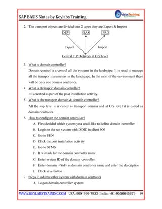 SAP BASIS Notes by Keylabs Training
WWW.KEYLABSTRAINING.COM USA: 908-366-7933 India: +91-9550645679 19
2. The transport objects are divided into 2 types they are Export & Import
DEV QAS PRO
Export Import
Central T.P Delivery at O.S level
3. What is domain controller?
Domain control is a control all the systems in the landscape. It is used to manage
all the transport parameters in the landscape. In the most of the environment there
will be only one domain controller.
4. What is Transport domain controller?
It is created as part of the post installation activity.
5. What is the transport domain & domain controller?
All the sap level it is called as transport domain and at O.S level it is called as
domain controller.
6. How to configure the domain controller?
A. First decided which system you could like to define domain controller
B. Login to the sap system with DDIC in client 000
C. Go to SE06
D. Click the post installation activity
E. Go to STMS
F. It will ask for the domain controller name
G. Enter system ID of the domain controller
H. Enter domain_<Sid> as domain controller name and enter the description
I. Click save button
7. Steps to add the other system with domain controller
J. Logon domain controller system
 