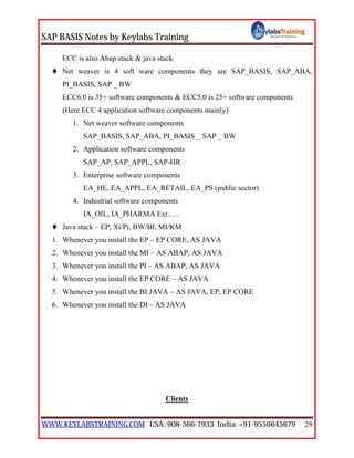 SAP BASIS Notes by Keylabs Training
WWW.KEYLABSTRAINING.COM USA: 908-366-7933 India: +91-9550645679 29
ECC is also Abap stack & java stack
 Net weaver is 4 soft ware components they are SAP_BASIS, SAP_ABA,
PI_BASIS, SAP _ BW
ECC6.0 is 35+ software components & ECC5.0 is 25+ software components
(Here ECC 4 application software components mainly)
1. Net weaver software components
SAP_BASIS, SAP_ABA, PI_BASIS _ SAP _ BW
2. Application software components
SAP_AP, SAP_APPL, SAP-HR
3. Enterprise software components
EA_HE, EA_APPL, EA_RETAIL, EA_PS (public sector)
4. Industrial software components
IA_OIL, IA_PHARMA Ext…..
 Java stack – EP, Xi/Pi, BW/BI, MI/KM
1. Whenever you install the EP – EP CORE, AS JAVA
2. Whenever you install the MI – AS ABAP, AS JAVA
3. Whenever you install the PI – AS ABAP, AS JAVA
4. Whenever you install the EP CORE – AS JAVA
5. Whenever you install the BI JAVA – AS JAVA, EP, EP CORE
6. Whenever you install the DI – AS JAVA
Clients
 