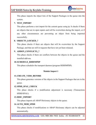 SAP BASIS Notes by Keylabs Training
WWW.KEYLABSTRAINING.COM USA: 908-366-7933 India: +91-9550645679 42
This phase imports the object lists of the Support Packages in the queue into the
system.
7. TEST_IMPORT
This phase performs a test import for the current queue using tp. It checks if there
are objects that are in open repairs and will be overwritten during the import, or if
any other circumstances are preventing an object from being imported
successfully.
8. OBJECTS_LOCKED_?
This phase checks if there are objects that will be overwritten by the Support
Package, and that are still in requests that have not yet been released.
9. ADDON_CONFLICTS_?
This phase checks if there are conflicts between the objects in the queue and the
installed add-ons.
10.SCHEDULE_RDDIMPDP
This phase schedules the transport daemon (program RDDIMPDP).
Module Import 1
11.CREATE_VERS_BEFORE
This phase generates versions of the objects in the Support Packages that are in the
queue.
12.SPDD_SPAU_CHECK
This phase checks if a modification adjustment is necessary (Transactions
SPDD/SPAU).
13.DDIC_IMPORT
This phase imports all ABAP Dictionary objects in the queue.
14.AUTO_MOD_SPDD
This phase checks if modifications to ABAP Dictionary objects can be adjusted
automatically.
 