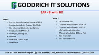 2nd & 3rd Floor, Maruthi Complex, Opp. R.S. Brothers, KPHB, Hyderabad, Ph : 040-65889933, 9885811057
SAP - BI with BO
Week1
• Introduction to Data Warehousing & SAP BI
• Introduction to Entity Relation Ship Model
• Star Schema and Extended Star Schema
• Introduction to SAP BI 7.0
• InfoObject, Catalogs etc.,
• InfoCube
• Data Store Objects (DSO)
• Data Marts
Week 2
• Flat File Extraction
• Extraction Methodologies in BW 3.5
• Extraction Methodologies in BI 7.0
• InfoProvider Administration
• (Managing InfoCubes, ODS and PSA)
• Data Acquisition
• Data Transfer Process
 