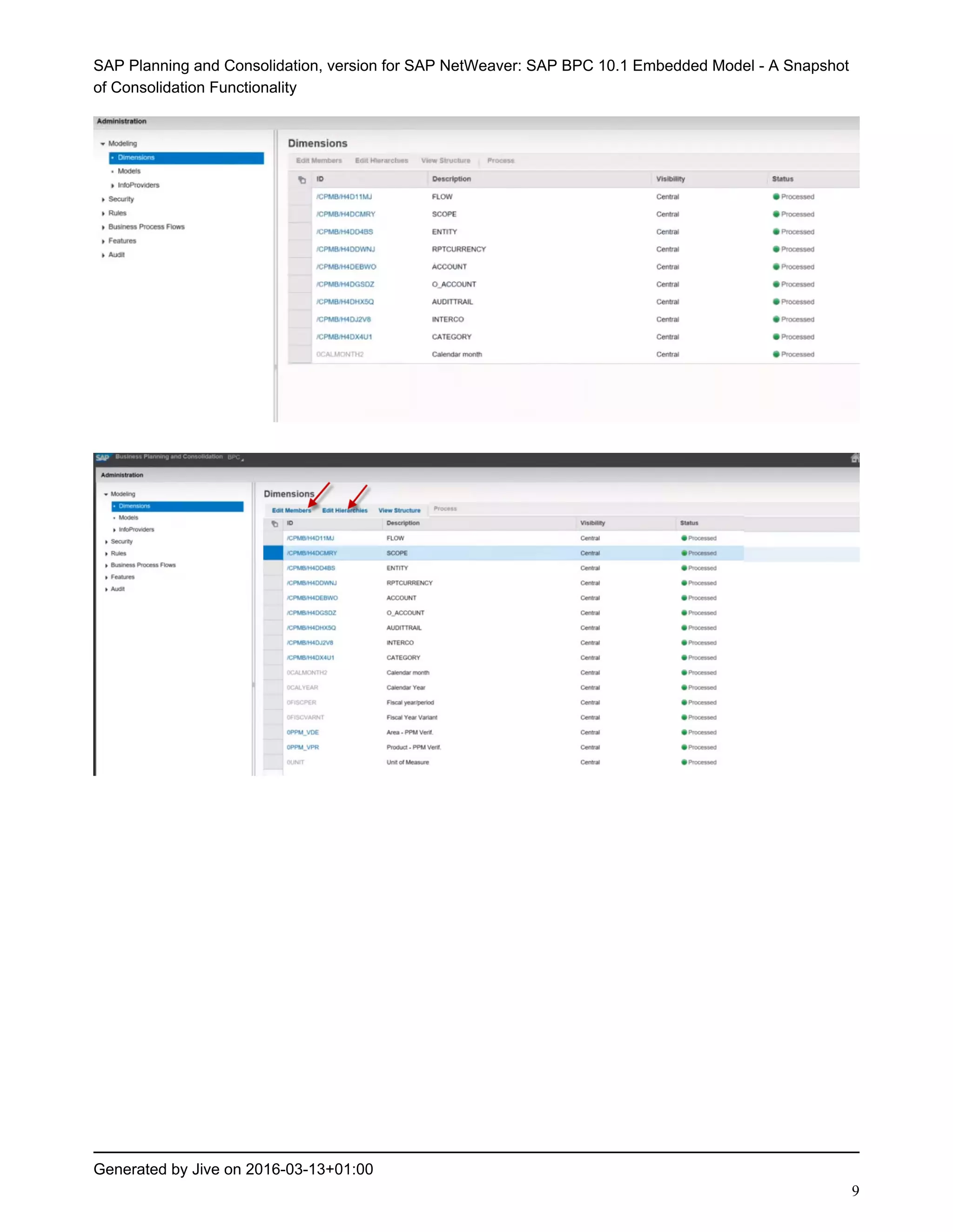 SAP Planning and Consolidation, version for SAP NetWeaver: SAP BPC 10.1 Embedded Model - A Snapshot
of Consolidation Functionality
Generated by Jive on 2016-03-13+01:00
9
 
