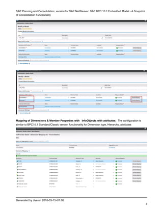 SAP Planning and Consolidation, version for SAP NetWeaver: SAP BPC 10.1 Embedded Model - A Snapshot
of Consolidation Functionality
Generated by Jive on 2016-03-13+01:00
4
Mapping of Dimensions & Member Properties with InfoObjects with attributes: The configuration is
similar to BPC10.1 Standard/Classic version functionality for Dimension type, Hierarchy, attributes
 