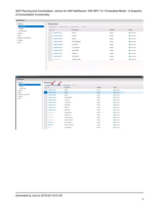 SAP Planning and Consolidation, version for SAP NetWeaver: SAP BPC 10.1 Embedded Model - A Snapshot
of Consolidation Functionality
Generated by Jive on 2016-03-13+01:00
9
 