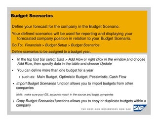 Budget Scenarios

Define your forecast for the company in the Budget Scenario.
Your defined scenarios will be used for reporting and displaying your
  forecasted company position in relation to your Budget Scenario.
Go To: Financials > Budget Setup > Budget Scenarios
Define scenarios to be assigned to a budget year.

   In the top tool bar select Data > Add Row or right click in the window and choose
   Add Row, then specify data in the table and choose Update
   You can define more than one budget for a year
      such as: Main Budget, Optimistic Budget, Pessimistic, Cash Flow
  Import Budget Scenarios function allows you to import budgets from other
  companies
  Note: make sure your G/L accounts match in the source and target companies

  Copy Budget Scenarios functions allows you to copy or duplicate budgets within a
  company
 