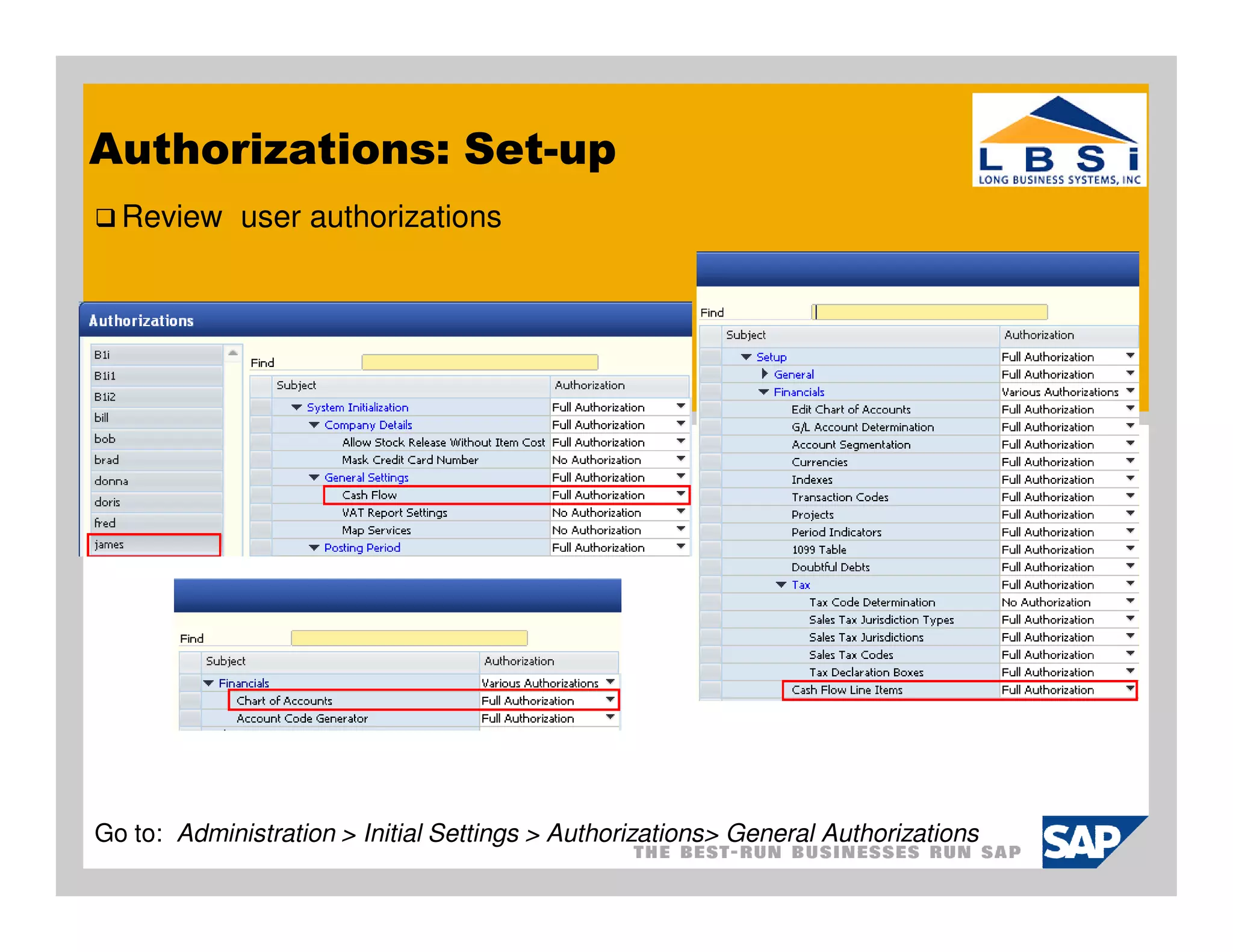Authorizations: Set-up
  Review user authorizations




Go to: Administration > Initial Settings > Authorizations> General Authorizations
 