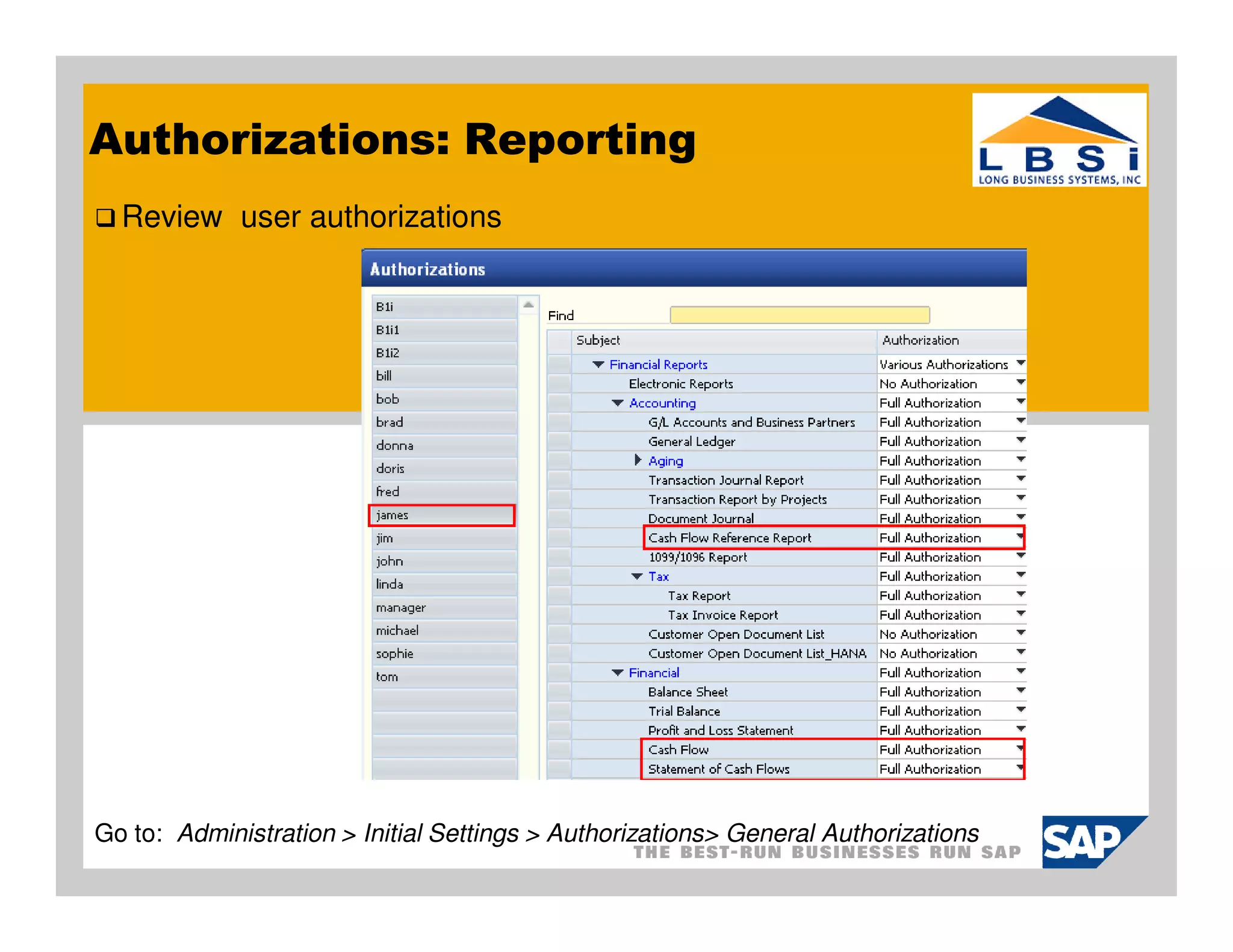 Authorizations: Reporting
  Review user authorizations




Go to: Administration > Initial Settings > Authorizations> General Authorizations
 